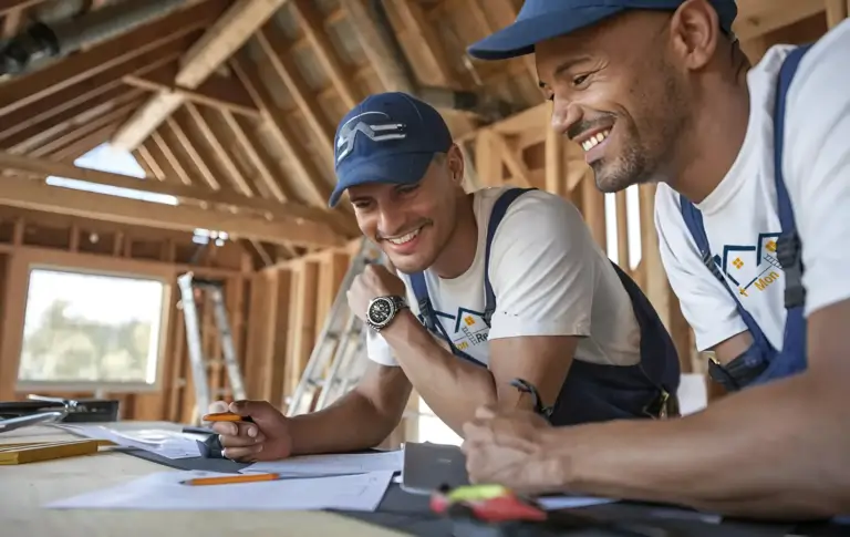 Deux artisans de Mon Rénovateur travaillant sur un projet de rénovation dans une maison en construction, Paris, Île-de-France. Experts en aménagement intérieur et rénovation structurelle