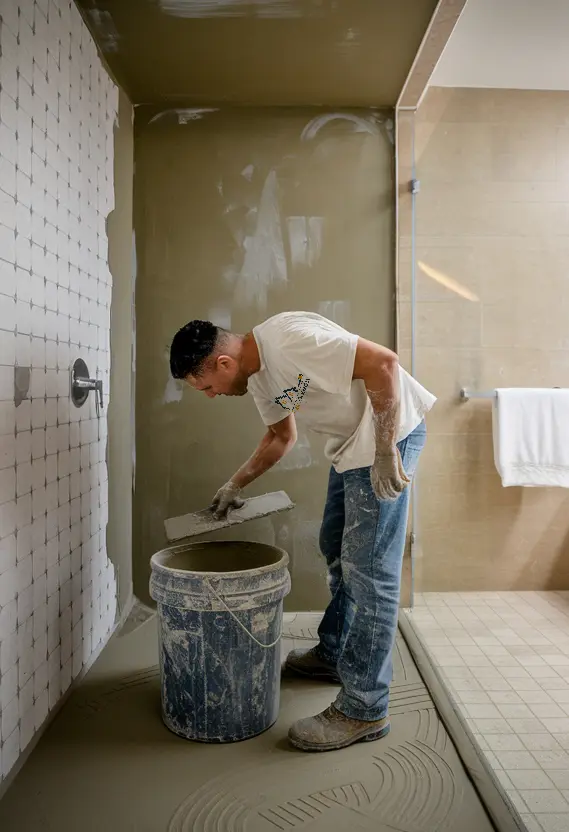 Artisan de Mon Rénovateur appliquant du mortier pour la rénovation d'une salle de bain à Paris, Île-de-France. Spécialiste en pose de carrelage et travaux de rénovation intérieure.